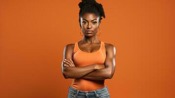 an attractive young woman in an orange top and jeans. AI generative photo