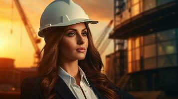 a beautiful woman in a hard hat at sunset. generative ai photo