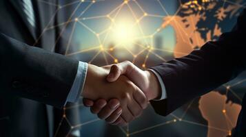 businessmen shaking hands over networked world stock photo.  AI generative photo