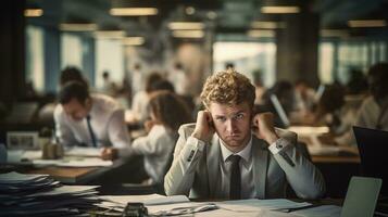 a man sitting at a desk with his head in his hands. AI generative photo