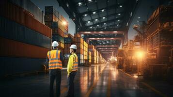 two workers in hard hats standing in a warehouse. AI generative photo