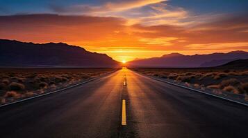 un vacío la carretera en el medio de el Desierto a puesta de sol. ai generativo foto