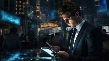 a man in a suit is using a tablet computer. AI Generative photo