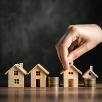 a hand is placing a coin on top of a house model. photo