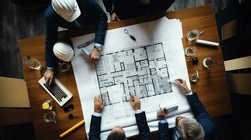 a group of people in suits and hard hats looking at a blueprint. AI generative photo