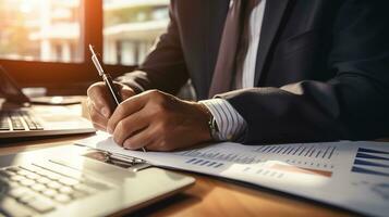 businessman writing on paper with pen and laptop. AI generative photo