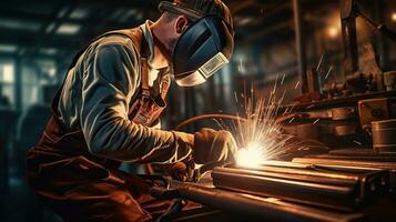 welder in a factory with sparks. generative ai photo