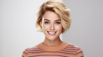 portrait of a beautiful young woman with short hair and smiling. AI generative photo