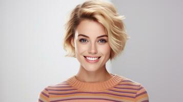 retrato de un hermosa joven mujer con corto pelo y sonriente. ai generativo foto