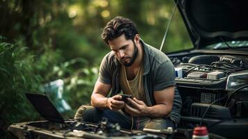 a man sitting in front of a car with his cell phone. generative ai photo