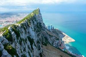 Aerial view of Gibraltar, Algeciras Bay and La Linea de la Concepcion from the Upper Rock. View on coastal city from above photo