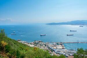 Aerial view of Gibraltar, Algeciras Bay and La Linea de la Concepcion from the Upper Rock. View on coastal city from above photo