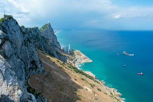 Aerial view of Gibraltar, Algeciras Bay and La Linea de la Concepcion from the Upper Rock. View on coastal city from above photo