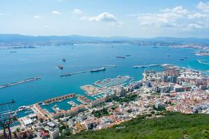 Aerial view of Gibraltar, Algeciras Bay and La Linea de la Concepcion from the Upper Rock. View on coastal city from above photo