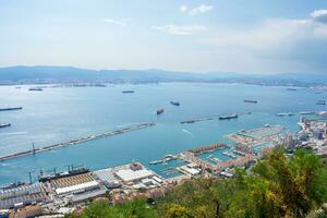 Aerial view of Gibraltar, Algeciras Bay and La Linea de la Concepcion from the Upper Rock. View on coastal city from above photo