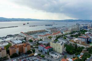 Aerial view of Gibraltar, Algeciras Bay and La Linea de la Concepcion from the Upper Rock. View on coastal city from above photo