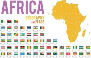 Set of 54 flags of Africa isolated on white background and map of Africa with countries situated on it. vector