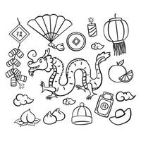 hand drawn outline line doodle illustration of chinese new year 2024 year of dragon with other element object icons vector