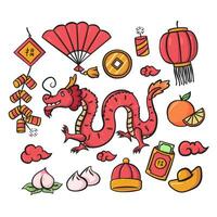 hand drawn doodle illustration of chinese new year 2024 year of dragon with other element object icons vector