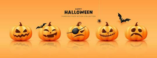 Pumpkins face action collections with shadow, halloween concept design on orange background, Eps 10 vector illustration