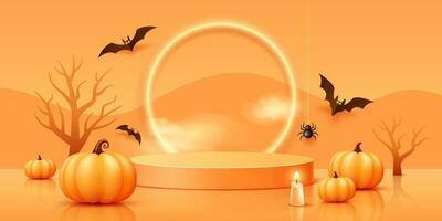 Halloween Orange podium 3D, realistic pumpkins, candle and bat flying, trees, spider web, banner design on orange background, Eps 10 vector illustration