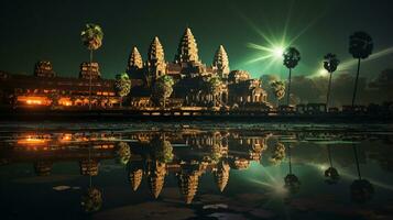 Night view of Angkor Wat. Generative AI photo
