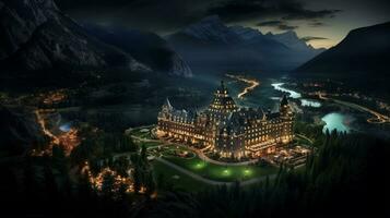 Night view of Banff Springs Hotel. Generative AI photo