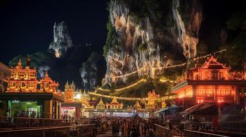 Night view of Batu Caves. Generative AI photo