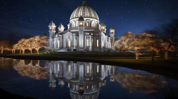 Night view of Bahai House of Worship. Generative AI photo