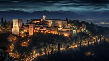 Night view of Alhambra. Generative AI photo