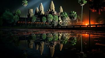 Night view of Angkor Wat. Generative AI photo