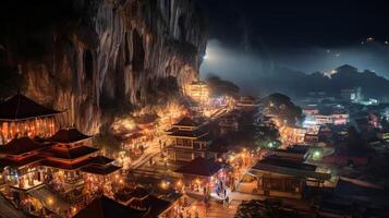 Night view of Batu Caves. Generative AI photo