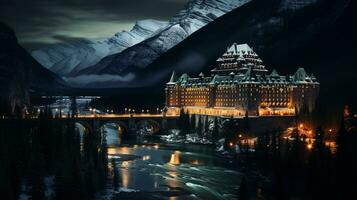 Night view of Banff Springs Hotel. Generative AI photo