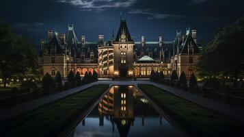 Night view of Biltmore Estate. Generative AI photo