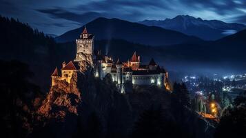 Night view of Bran Castle - Dracula Castle. Generative AI photo