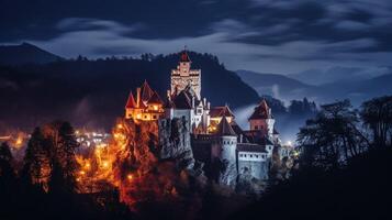 Night view of Bran Castle - Dracula Castle. Generative AI photo