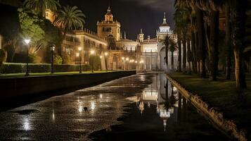 noche ver de alcázar de Sevilla. generativo ai foto