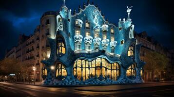 Night view of Casa Batllo. Generative AI photo