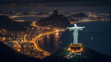 Night view of Christ the Redeemer. Generative AI photo