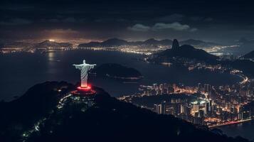 Night view of Christ the Redeemer. Generative AI photo