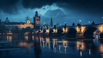 Night view of Charles Bridge. Generative AI photo