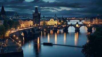 Night view of Charles Bridge. Generative AI photo