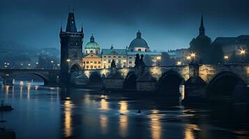 Night view of Charles Bridge. Generative AI photo