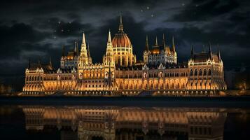 Night view of Budapest Parliament. Generative AI photo