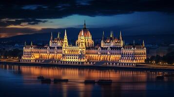 Night view of Budapest Parliament. Generative AI photo