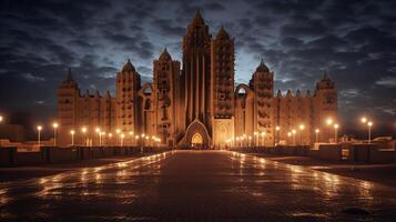 Night view of Great Mosque of Djenne. Generative AI photo