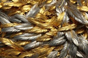 oro pluma fondo, lujo pluma fondo de pantalla, dorado plumas fondo, pluma textura, plumas fondo, ai generativo foto