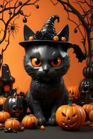 Halloween Black Cat, Halloween Black Cat Background, 3D Halloween Black Cat Illustration, Halloween Background, AI Generative photo