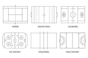 Different Types of Sports Fields, Tennis, Water Polo, Lacrosse, Ice Hockey, Volleyball, Field Hockey vector