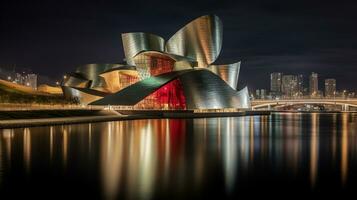 Night view of Guggenheim Museum Bilbao. Generative AI photo